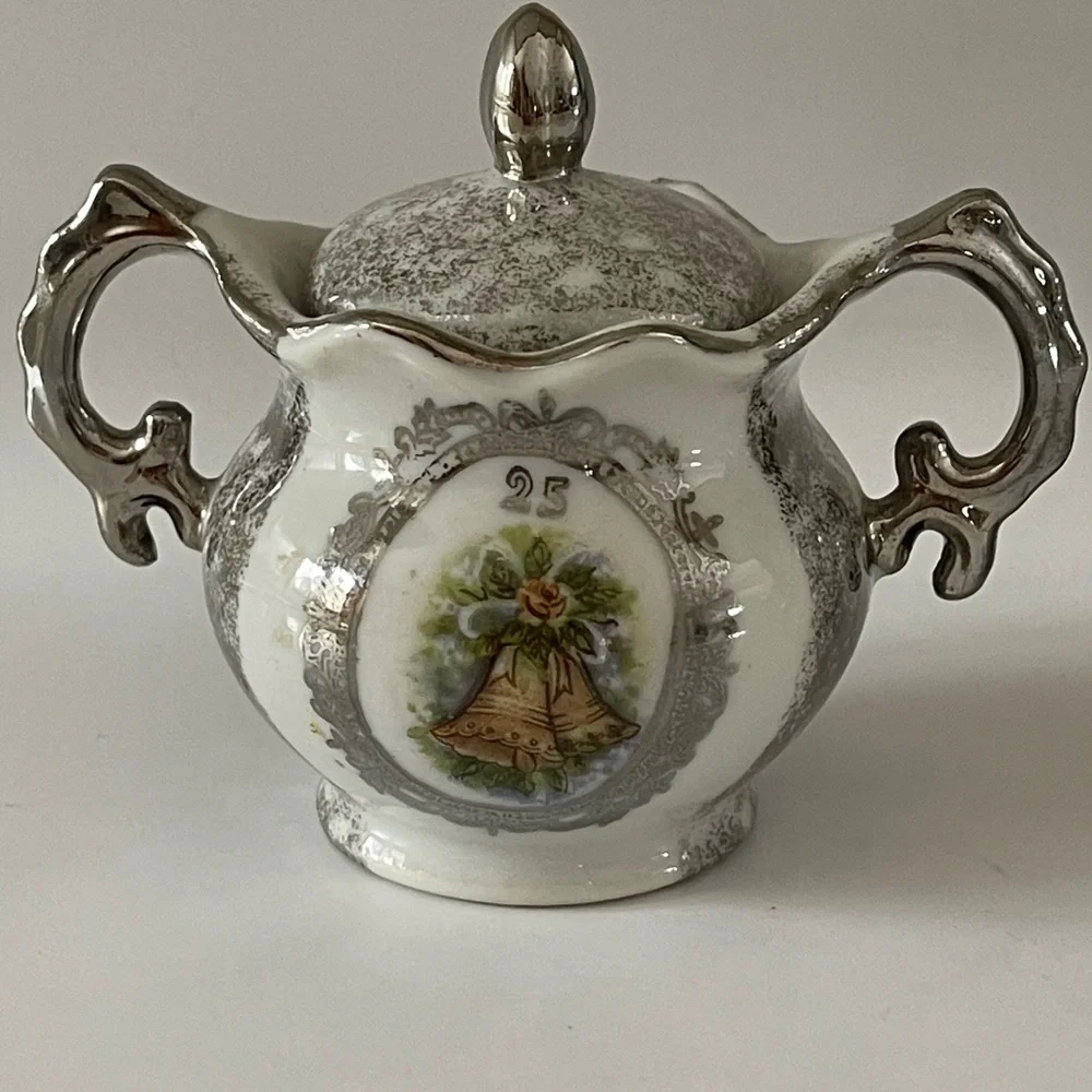 Vintage Enesco Japan 25th Wedding Anniversary Sugar Bowl & Creamer Set, 1950’s